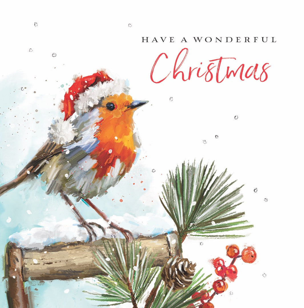 Festive Stag & Robin Deluxe Box of 12 Christmas & New Year Cards - 135 x 135mm (5.5x5.5in) - Gloss Finish on Premium Board by Ling Design