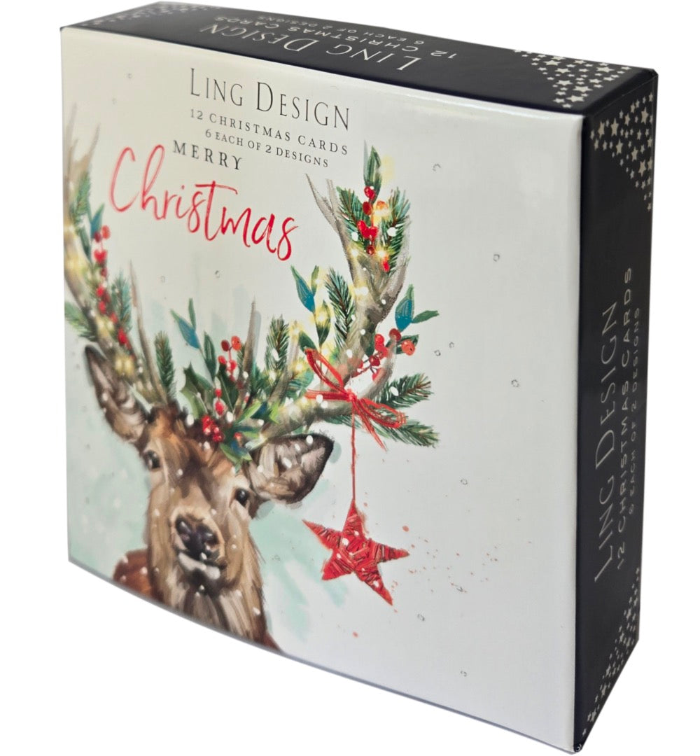 Festive Stag & Robin Deluxe Box of 12 Christmas & New Year Cards - 135 x 135mm (5.5x5.5in) - Gloss Finish on Premium Board by Ling Design