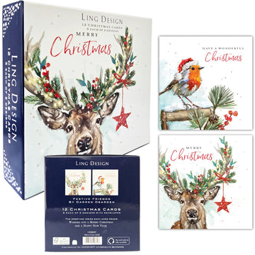 Festive Stag & Robin Deluxe Box of 12 Christmas & New Year Cards - 135 x 135mm (5.5x5.5in) - Gloss Finish on Premium Board by Ling Design