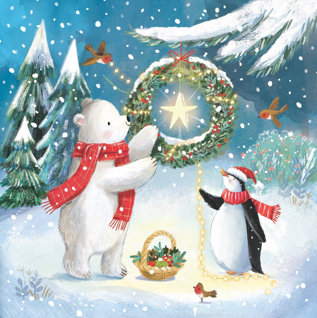 Magical Snowman & Penguin Festive Art Deluxe Box of 12 Christmas & New Year Cards - 135 x 135mm (5.5x5.5in) - Gloss Finish on Premium Board by Ling Design