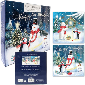 Magical Snowman & Penguin Festive Art Deluxe Box of 12 Christmas & New Year Cards - 135 x 135mm (5.5x5.5in) - Gloss Finish on Premium Board by Ling Design
