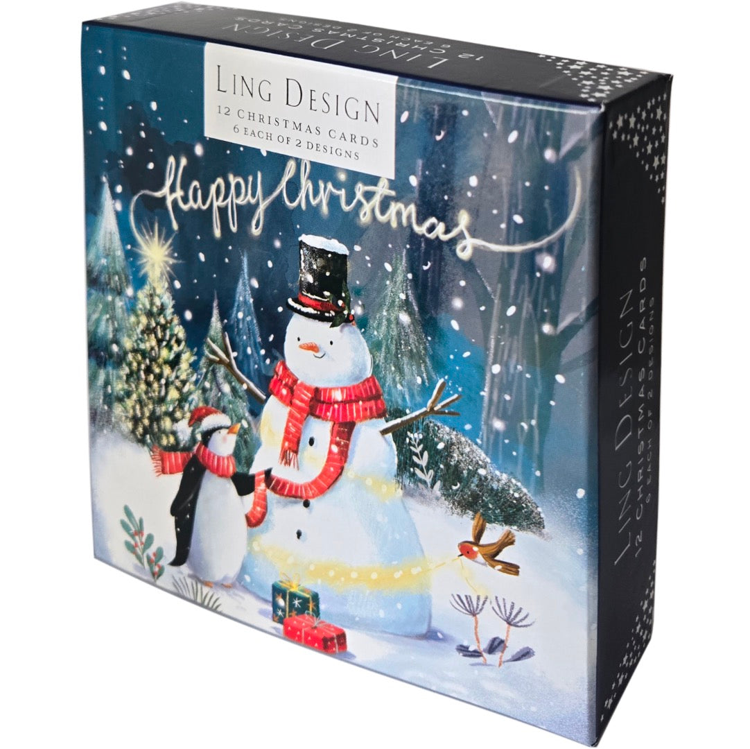 Magical Snowman & Penguin Festive Art Deluxe Box of 12 Christmas & New Year Cards - 135 x 135mm (5.5x5.5in) - Gloss Finish on Premium Board by Ling Design