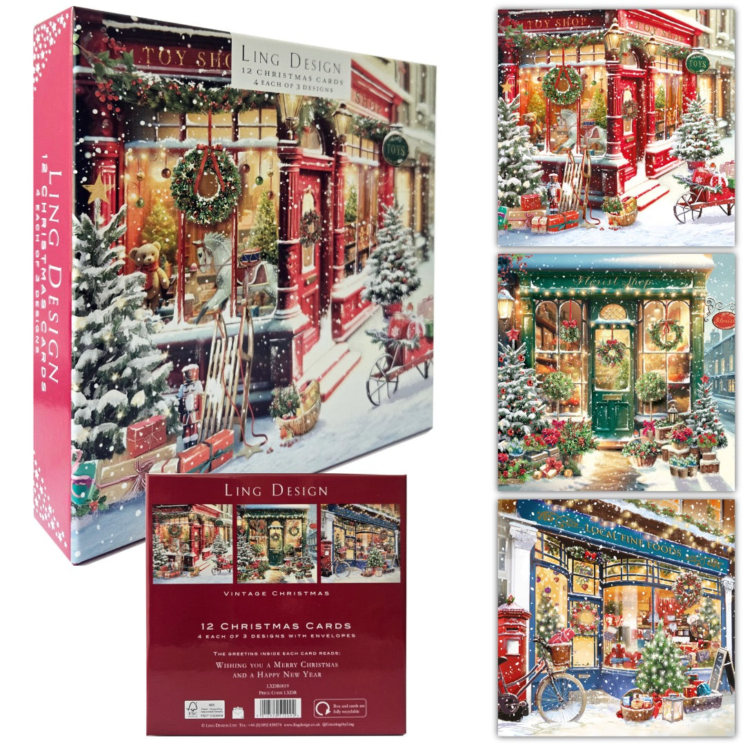 Vintage Christmas Shops Festive Large Deluxe 12 Christmas Cards Box in 3 Designs