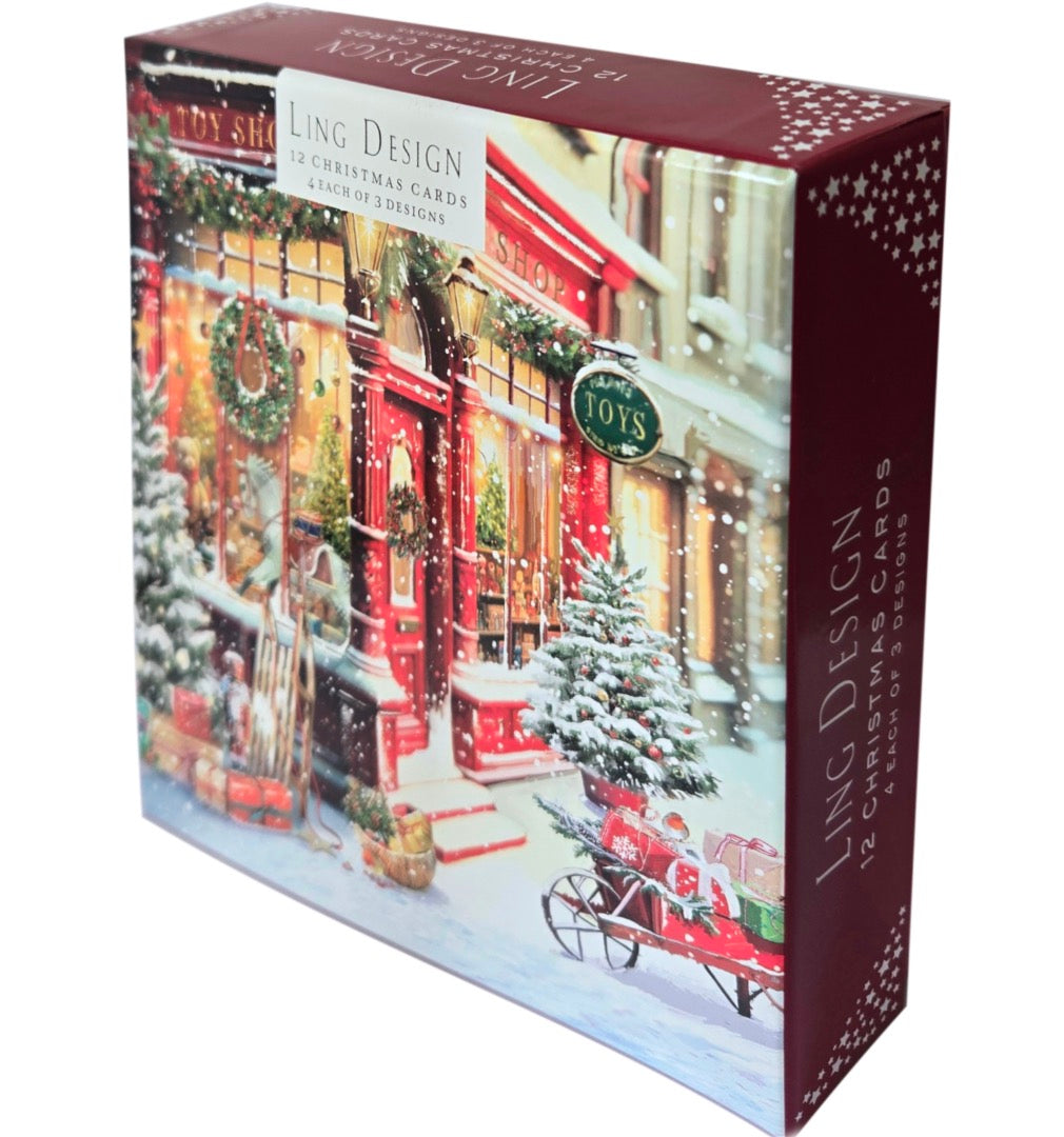 Vintage Christmas Shops Festive Large Deluxe 12 Christmas Cards Box in 3 Designs