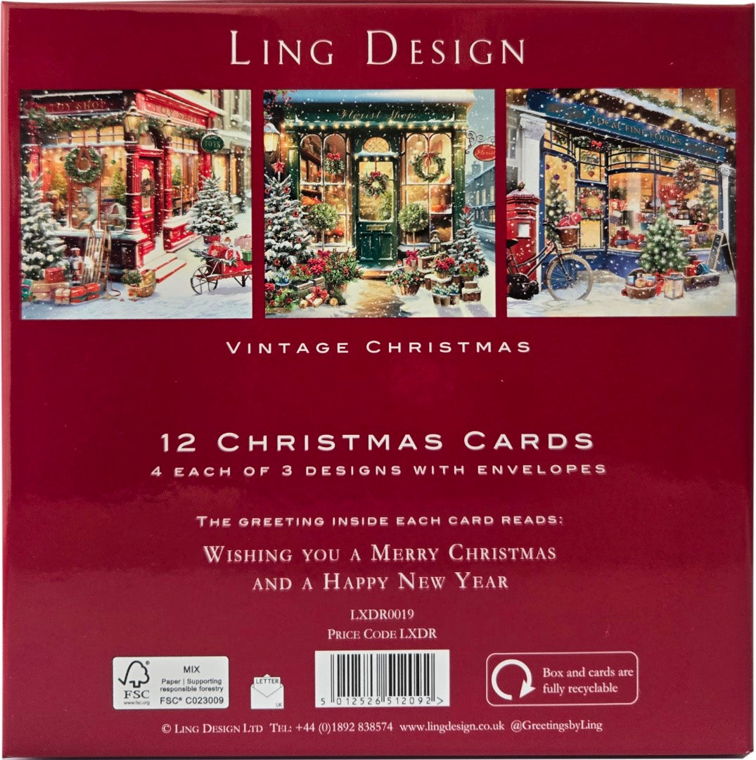 Vintage Christmas Shops Festive Large Deluxe 12 Christmas Cards Box in 3 Designs