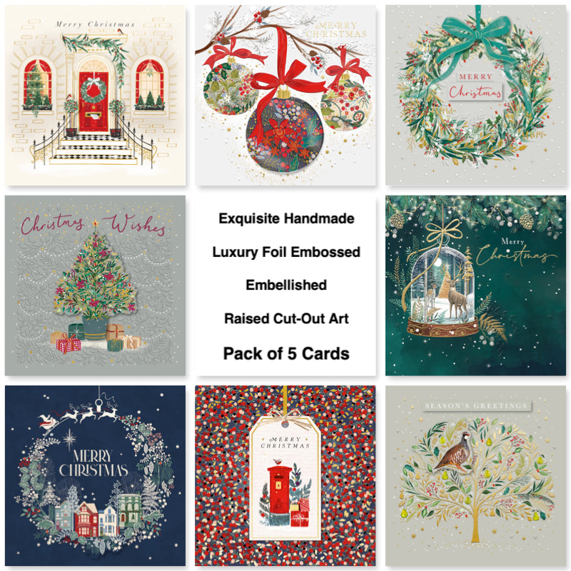 Pack of 5 Exquisite Handmade Christmas Cards - Foil Embossed - Embellished - Raised Cut-Out Greeting Cards - 160 x 160mm by Ling Design