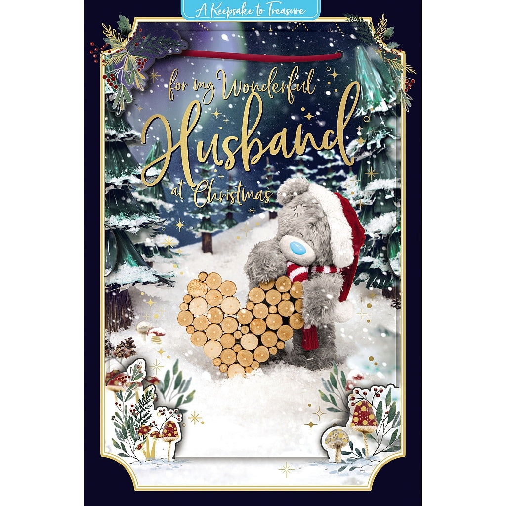 Me to You Tatty Teddy 3D Christmas Keepsake Card For Wonderful Husband, Bear With Log-pile 6x9ins - Official Collection