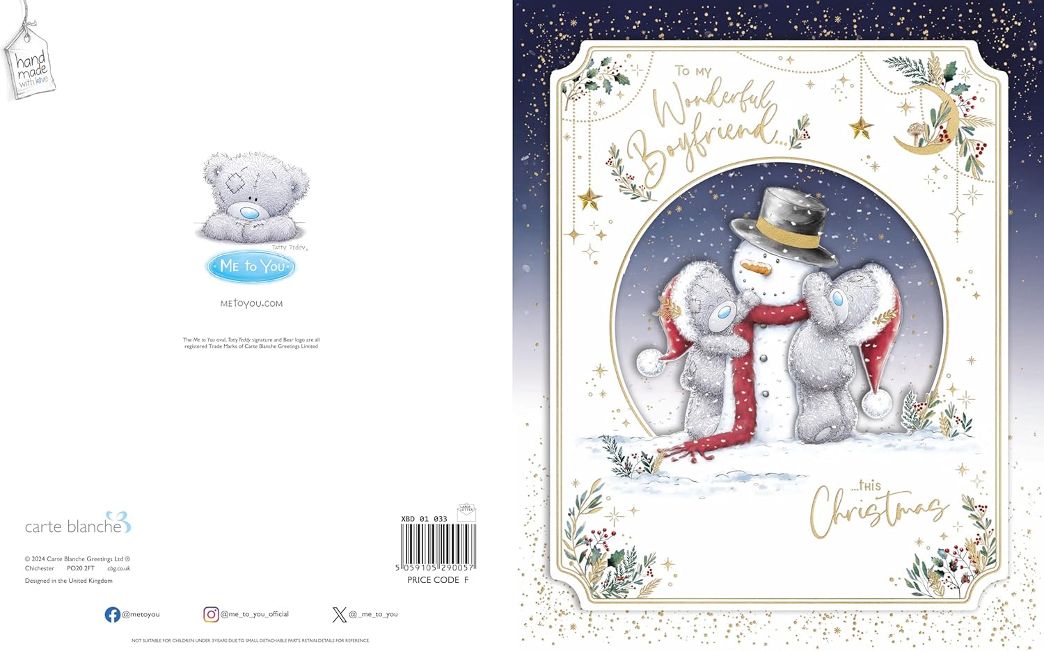 Wonderful Boyfriend Me To You Tatty Teddy Luxury Boxed Handmade Christmas Card - 8x10'' Tatty Teddy Bears With Snowman - Official Collection