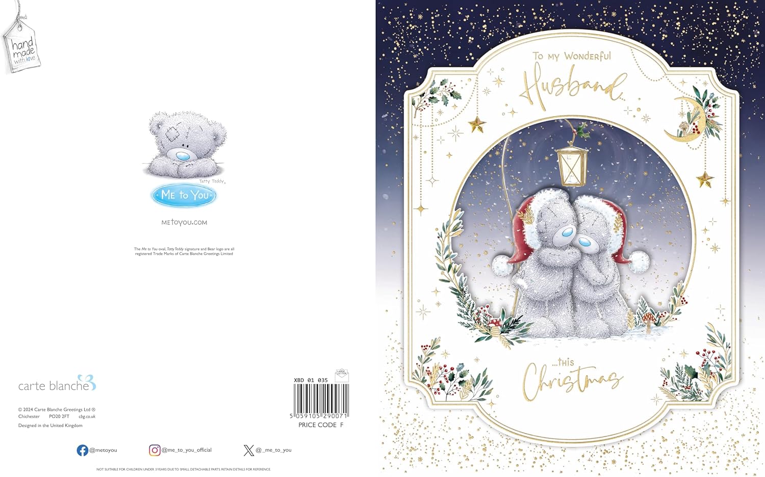 Wonderful Husband Me To You Tatty Teddy Luxury Handmade Christmas Box Card 8x10'' - Santa Bears Under Lamp - Official Collection