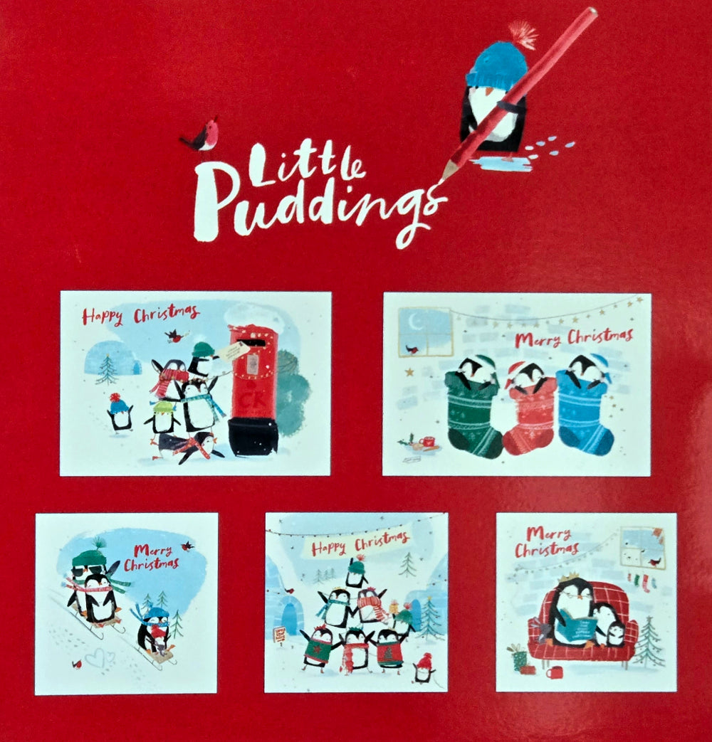 Cute Festive Penguins Little Puddings Designed with Love 5 Christmas Cards Pack - Eco-Friendly - Premium Gloss Finish by Woodmansterne