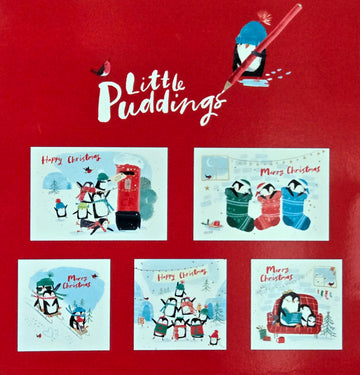 Cute Festive Penguins Little Puddings Designed with Love 5 Christmas Cards Pack - Eco-Friendly - Premium Gloss Finish by Woodmansterne