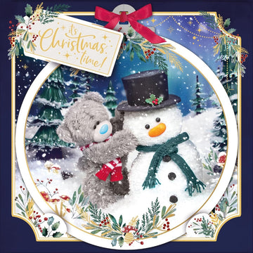 2025 Me to You Tatty Teddy 3D Christmas Card With Keepsake Bauble-Style Plaque, Bear Building Snowman 6x6ins - Official Collection