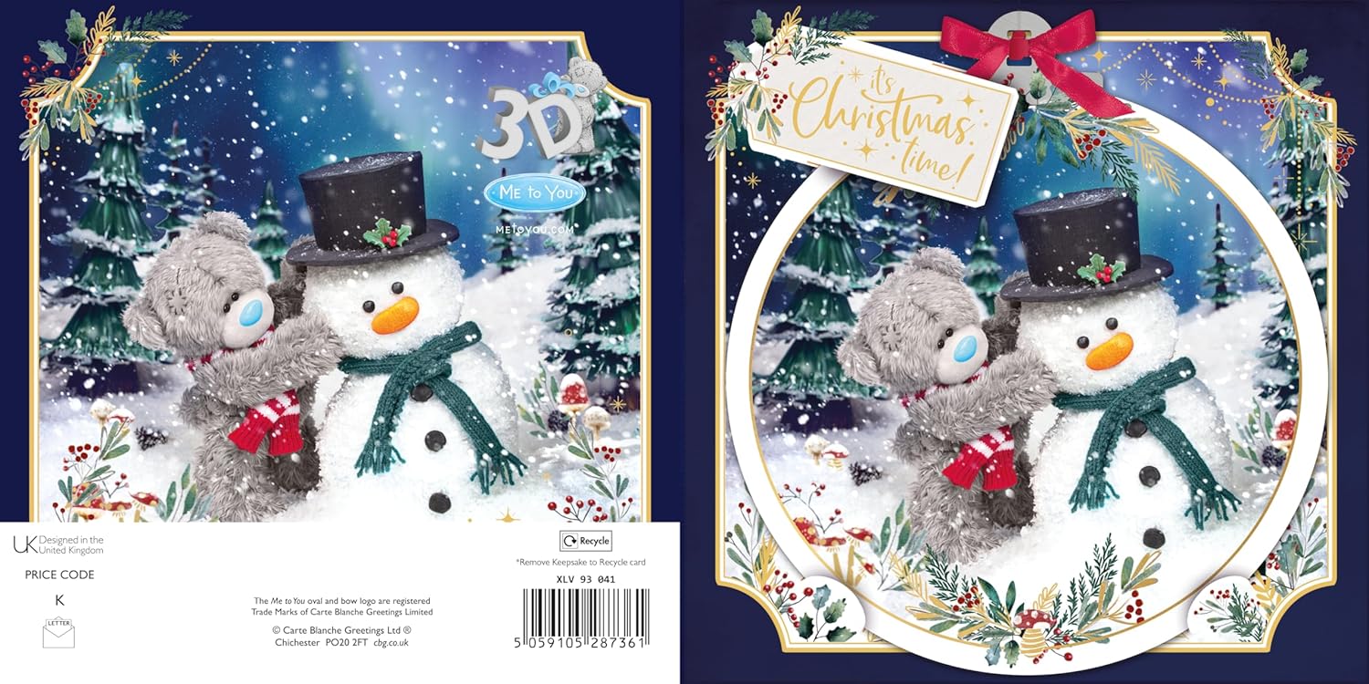 2025 Me to You Tatty Teddy 3D Christmas Card With Keepsake Bauble-Style Plaque, Bear Building Snowman 6x6ins - Official Collection