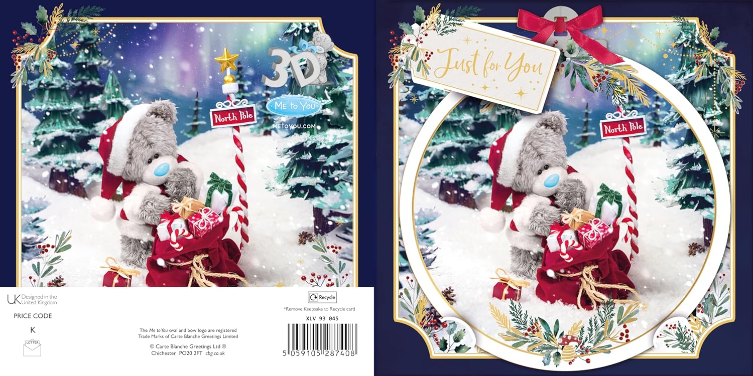 Tatty Teddy With Santa's Sack 2025 Me to You Tatty Teddy 3D Christmas Card With Keepsake Bauble-Style Plaque - 6x6'' - Official Collection