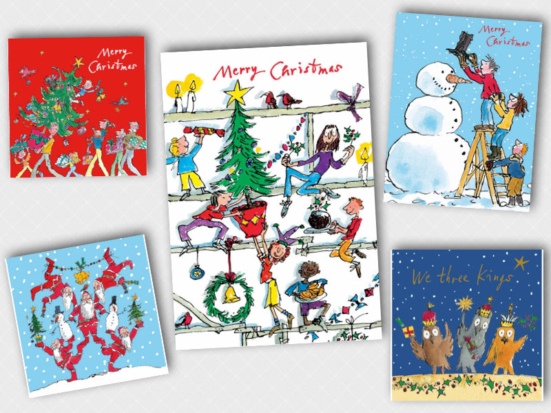 Quentin Blake Festive Artwork Illustrations - Pack of 5 Christmas & Happy New Year Cards - Eco-Friendly - Premium Gloss Finish by Woodmansterne