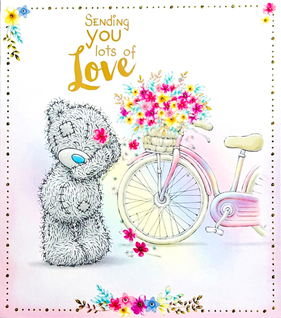 Me To You Teddy Bear Sending You Lots of Love Blank Card with Bicycle Flower Basket