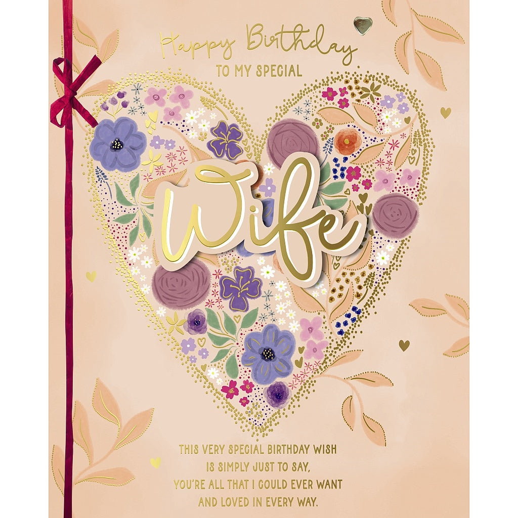 Special Wife Luxury Floral Heart Design Boxed Birthday Card - 3D Embellishments - Embossed Foil Finish