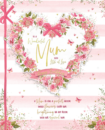 Wonderful Mum Large Boxed Birthday Card - Floral Love Heart, Butterflies & Verse with Foil and Embellished Details