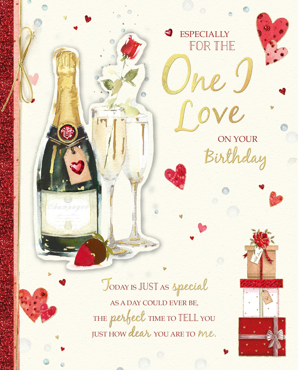 For The One I Love, Champagne & Roses Luxury Handmade Boxed Greeting Card - 8x10''