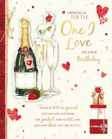 For The One I Love, Champagne & Roses Luxury Handmade Boxed Greeting Card - 8x10''