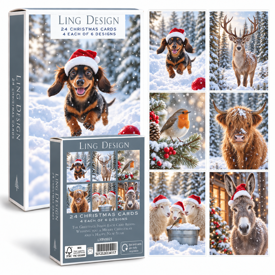 Ling Design Photographic Animals Christmas Cards Assortment, Box of 24, 6 Festive Designs