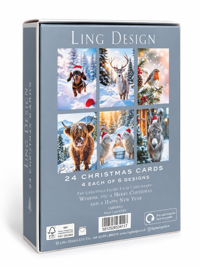 Ling Design Photographic Animals Christmas Cards Assortment, Box of 24, 6 Festive Designs