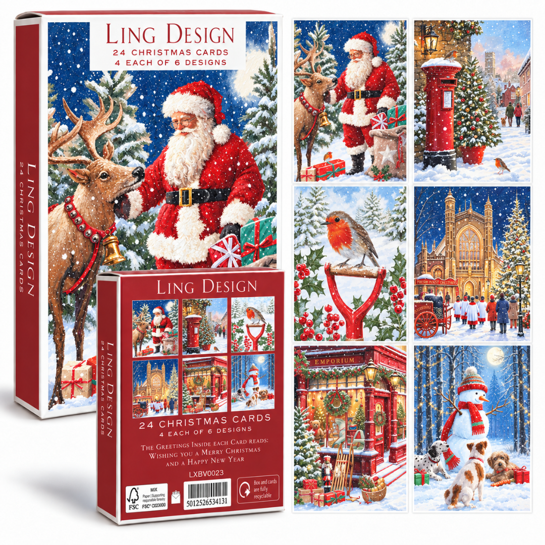 Classic Festive Collection Premium Christmas Cards Box Set, 24 Pack, 6 Designs (4 Each)