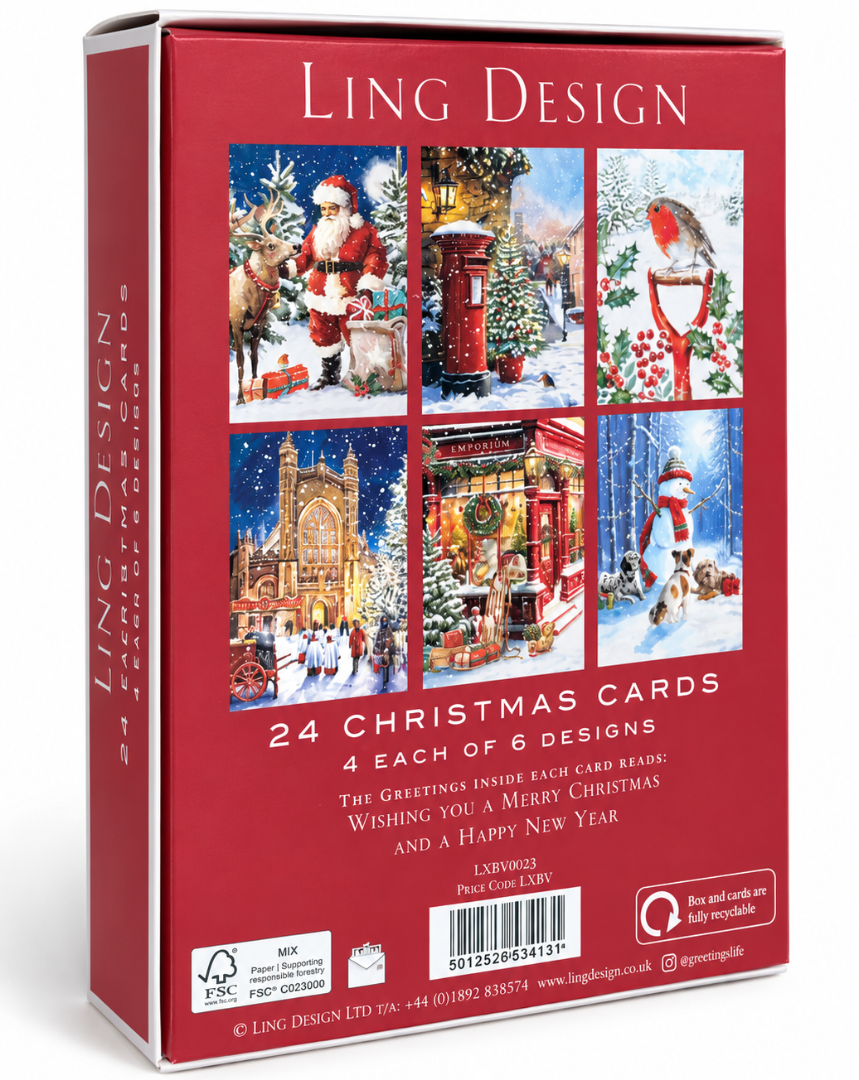 Classic Festive Collection Premium Christmas Cards Box Set, 24 Pack, 6 Designs (4 Each)