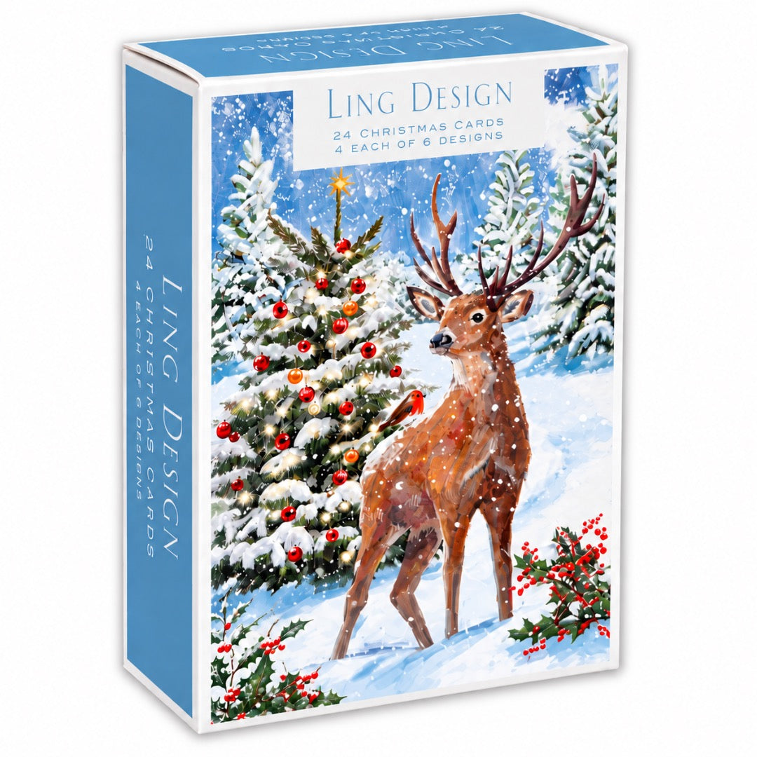 Winter Wildlife Christmas & New Year Greeting Cards Premium Box Set, 24 Cards in 6 Festive Designs (4 of Each)