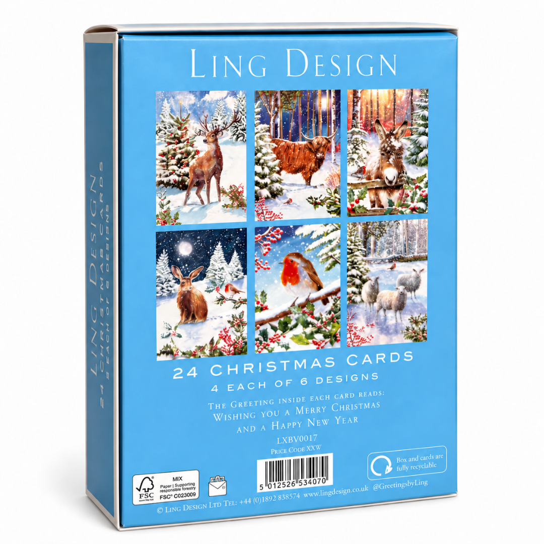 Winter Wildlife Christmas & New Year Greeting Cards Premium Box Set, 24 Cards in 6 Festive Designs (4 of Each)