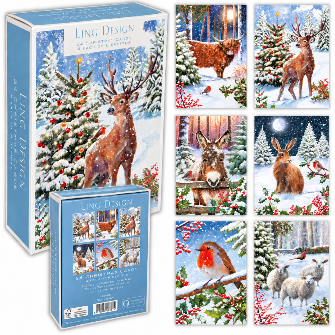 Winter Wildlife Christmas & New Year Greeting Cards Premium Box Set, 24 Cards in 6 Festive Designs (4 of Each)