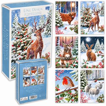Winter Wildlife Christmas & New Year Greeting Cards Premium Box Set, 24 Cards in 6 Festive Designs (4 of Each)