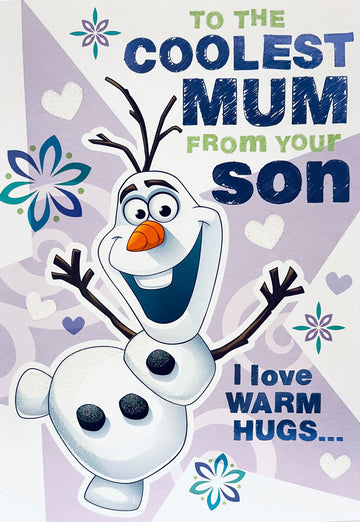 To The Coolest Mum from Your Son I Love Warm Hugs... Frozen Olaf Glitter Special Mother's Day Card