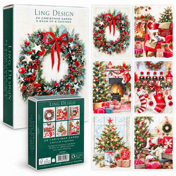Cosy Home Festive Premium Boxed Set of 24 Christmas & New Year Cards, 6 Designs, 4 of Each