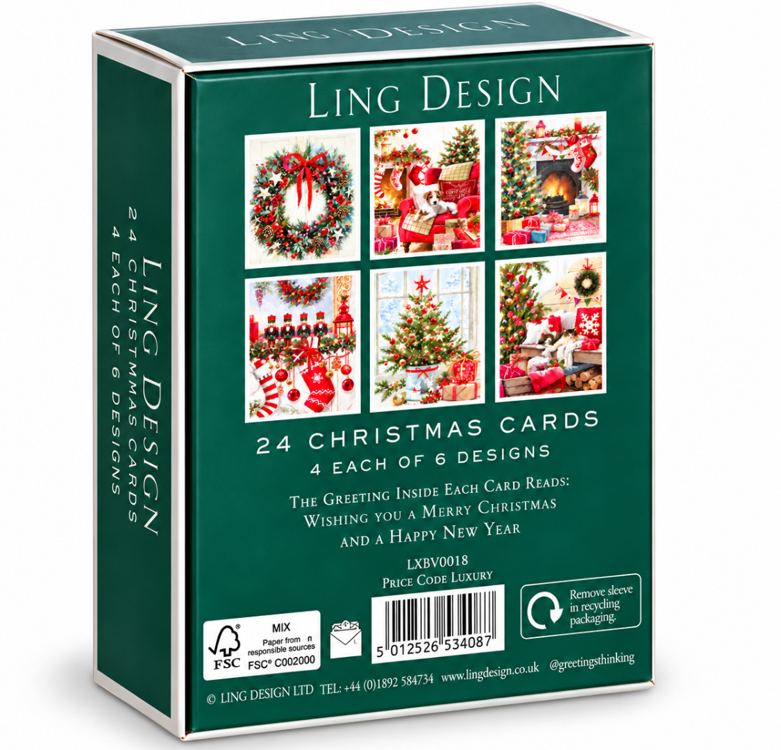 Cosy Home Festive Premium Boxed Set of 24 Christmas & New Year Cards, 6 Designs, 4 of Each