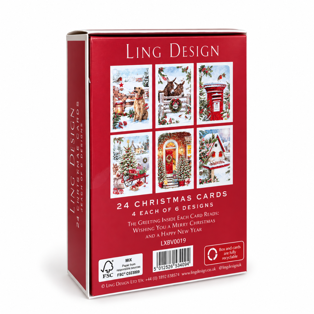 Traditional Christmas & New Year Greeting Card Box Set, 24 Premium Cards, 6 Festive Designs