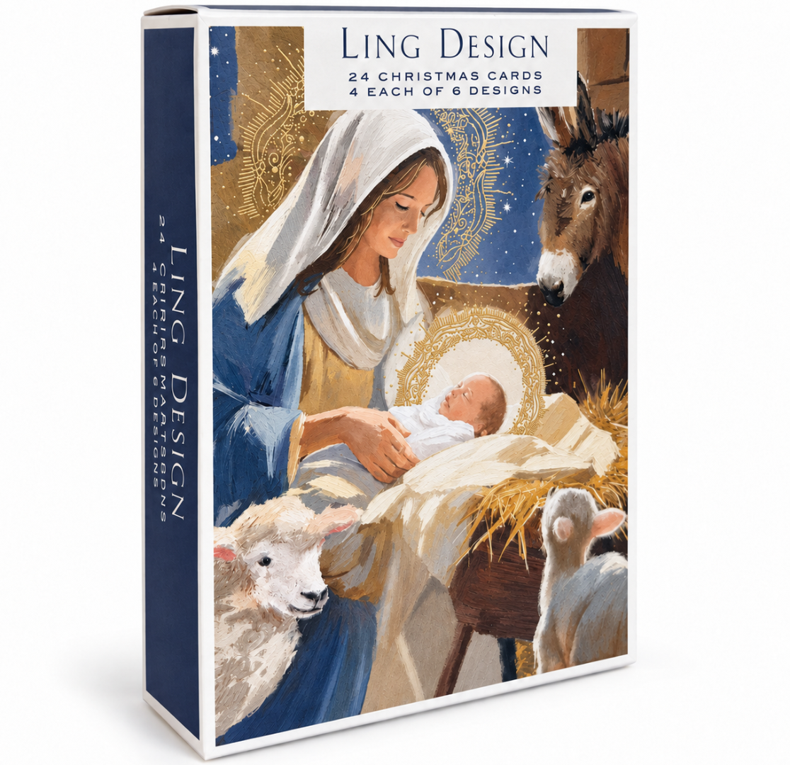 Religious Nativity Premium Christmas & New Year Cards, 24-Pack Assortment, 6 Designs (4 Each)