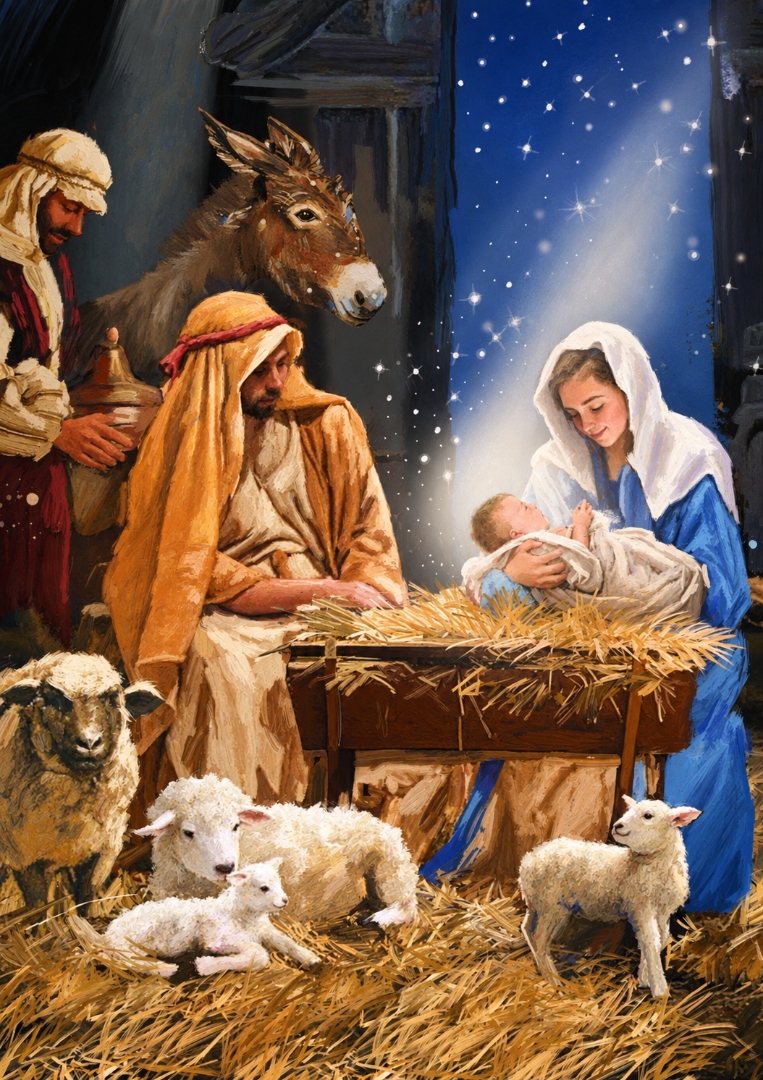 Religious Nativity Premium Christmas & New Year Cards, 24-Pack Assortment, 6 Designs (4 Each)