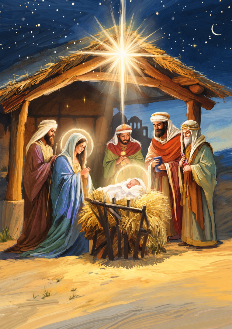 Religious Nativity Premium Christmas & New Year Cards, 24-Pack Assortment, 6 Designs (4 Each)