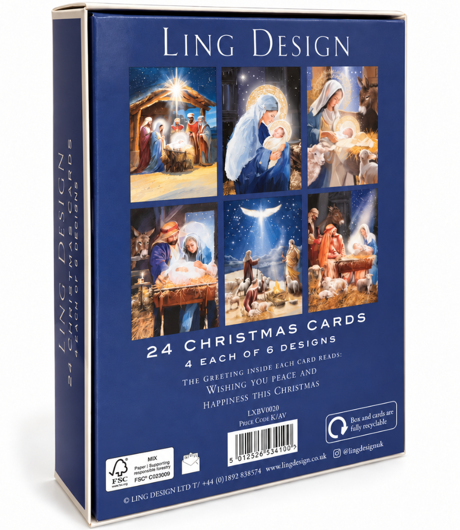 Religious Nativity Premium Christmas & New Year Cards, 24-Pack Assortment, 6 Designs (4 Each)