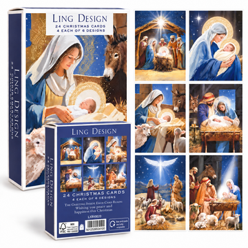 Religious Nativity Premium Christmas & New Year Cards, 24-Pack Assortment, 6 Designs (4 Each)