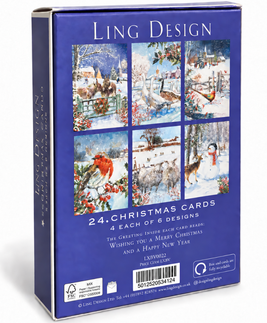 Snowy Christmas & Happy New Year Greeting Card Box Set, 24 Cards, 6 Festive Designs