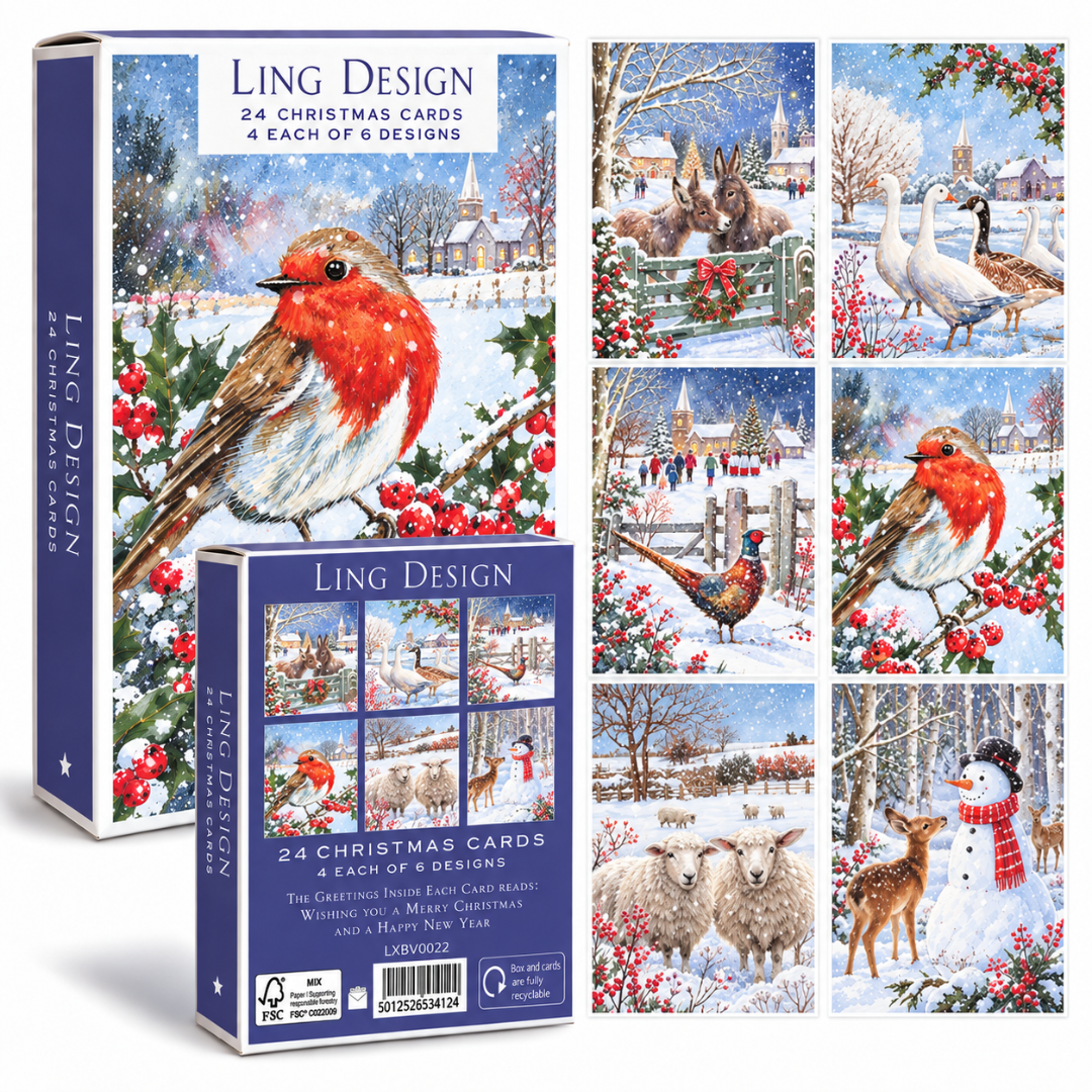 Snowy Christmas & Happy New Year Greeting Card Box Set, 24 Cards, 6 Festive Designs