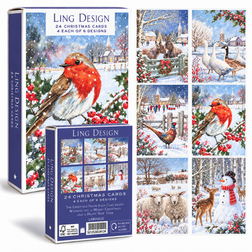 Snowy Christmas & Happy New Year Greeting Card Box Set, 24 Cards, 6 Festive Designs