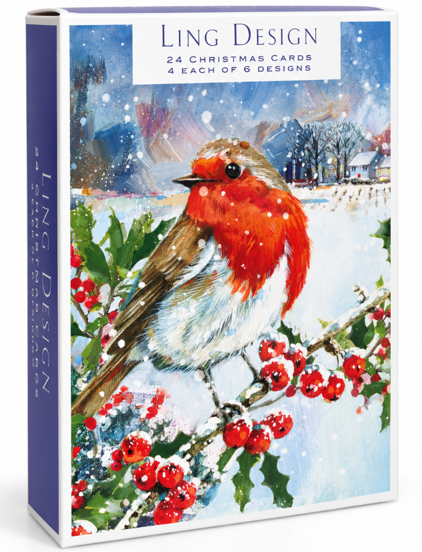 Snowy Christmas & Happy New Year Greeting Card Box Set, 24 Cards, 6 Festive Designs