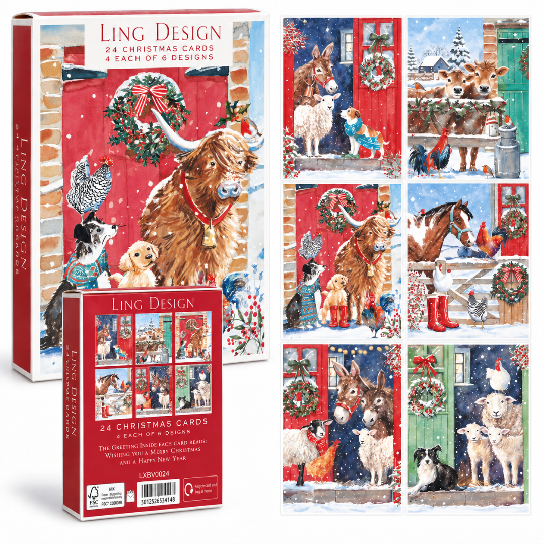 Festive Farmyard Premium Christmas & New Year Greeting Cards Set, 24-Pack, 6 Assorted Designs, 4 of Each