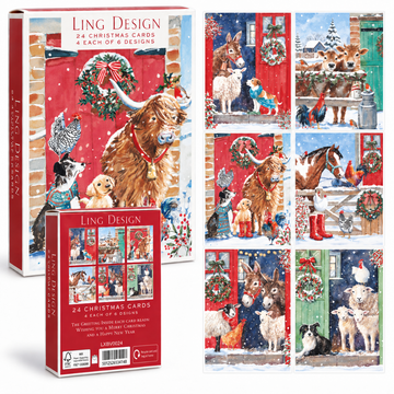 Festive Farmyard Premium Christmas & New Year Greeting Cards Set, 24-Pack, 6 Assorted Designs, 4 of Each
