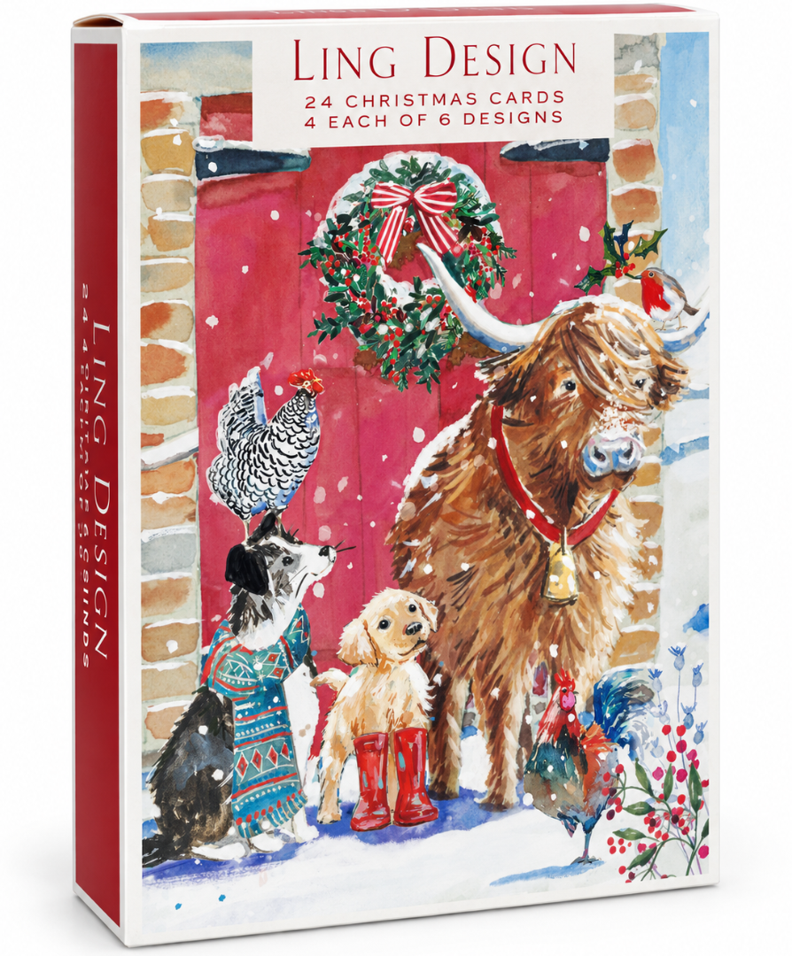 Festive Farmyard Premium Christmas & New Year Greeting Cards Set, 24-Pack, 6 Assorted Designs, 4 of Each