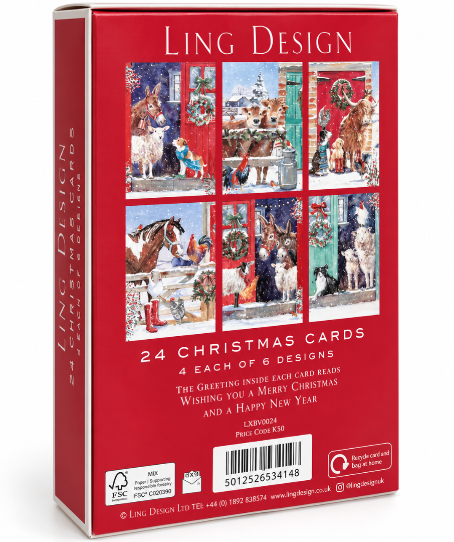 Festive Farmyard Premium Christmas & New Year Greeting Cards Set, 24-Pack, 6 Assorted Designs, 4 of Each
