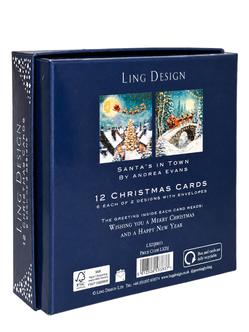 Santa?s in Town Deluxe Christmas & New Year Cards Box Set, 12 Pack, 135 x 135mm, Gloss Finish Premium Board